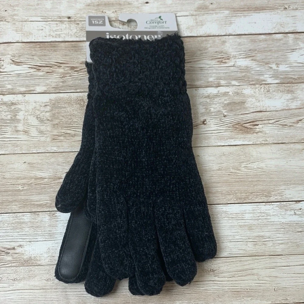 Isotoner Womens Black Chenille eco Comfort smarTouch Gloves One Size NEW